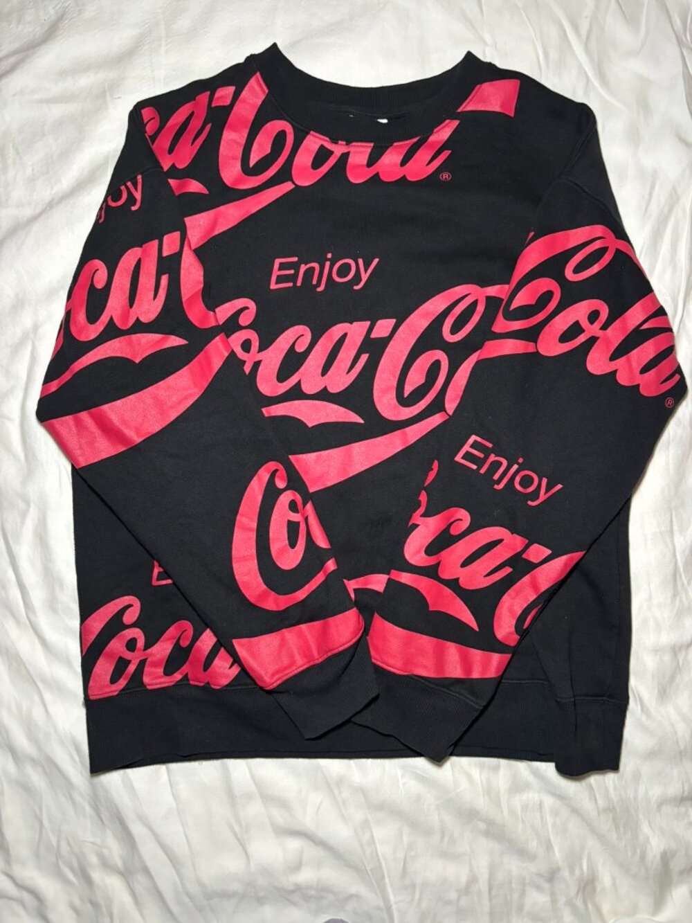 VTG Coca-Cola Womens Sz S All Over Print Sweatshirt Black Red Crewneck Y2K